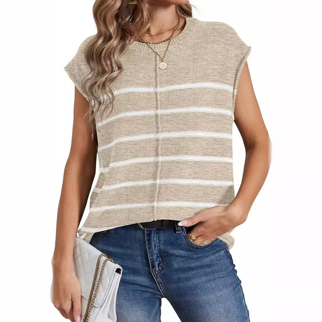 Women's striped sleeveless vest pullover with bone stitching detail in acrylic knit fabric