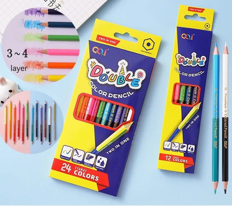 Set of double-ended wooden colour pencils showing two colour tips, suitable for student and studio art projects