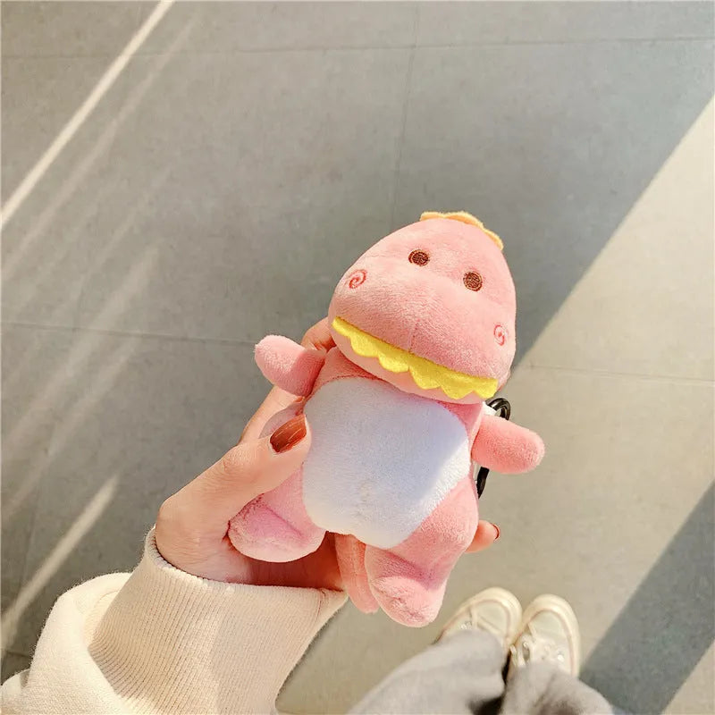 Cartoon plush dinosaur headphone protective case for AirPods 1 and 2 in green, flip type