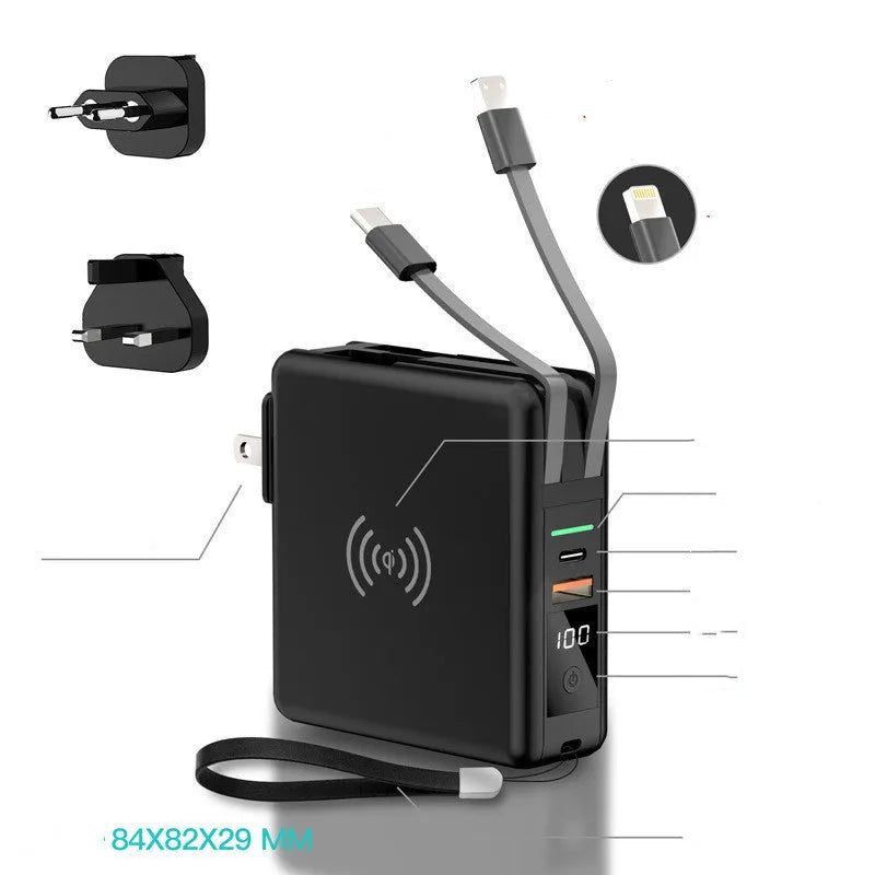 Black and white PD20W fast charging power bank with wireless capability and integrated plug