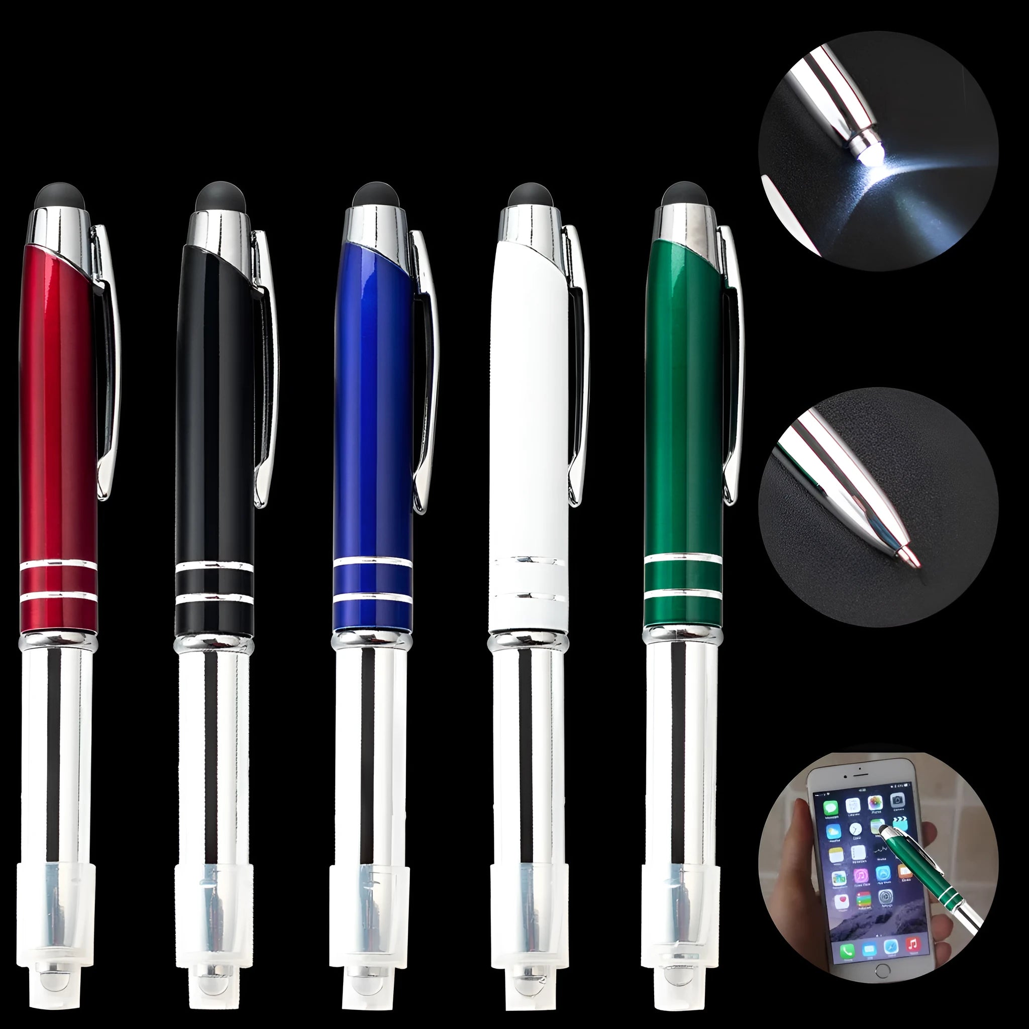 Red metal capacitive stylus ballpoint pen with LED light and bullet tip