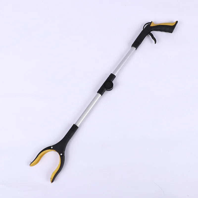 Foldable aluminium garbage clamp with extended silver rod and blue handle, showing magnet sucker attachment.