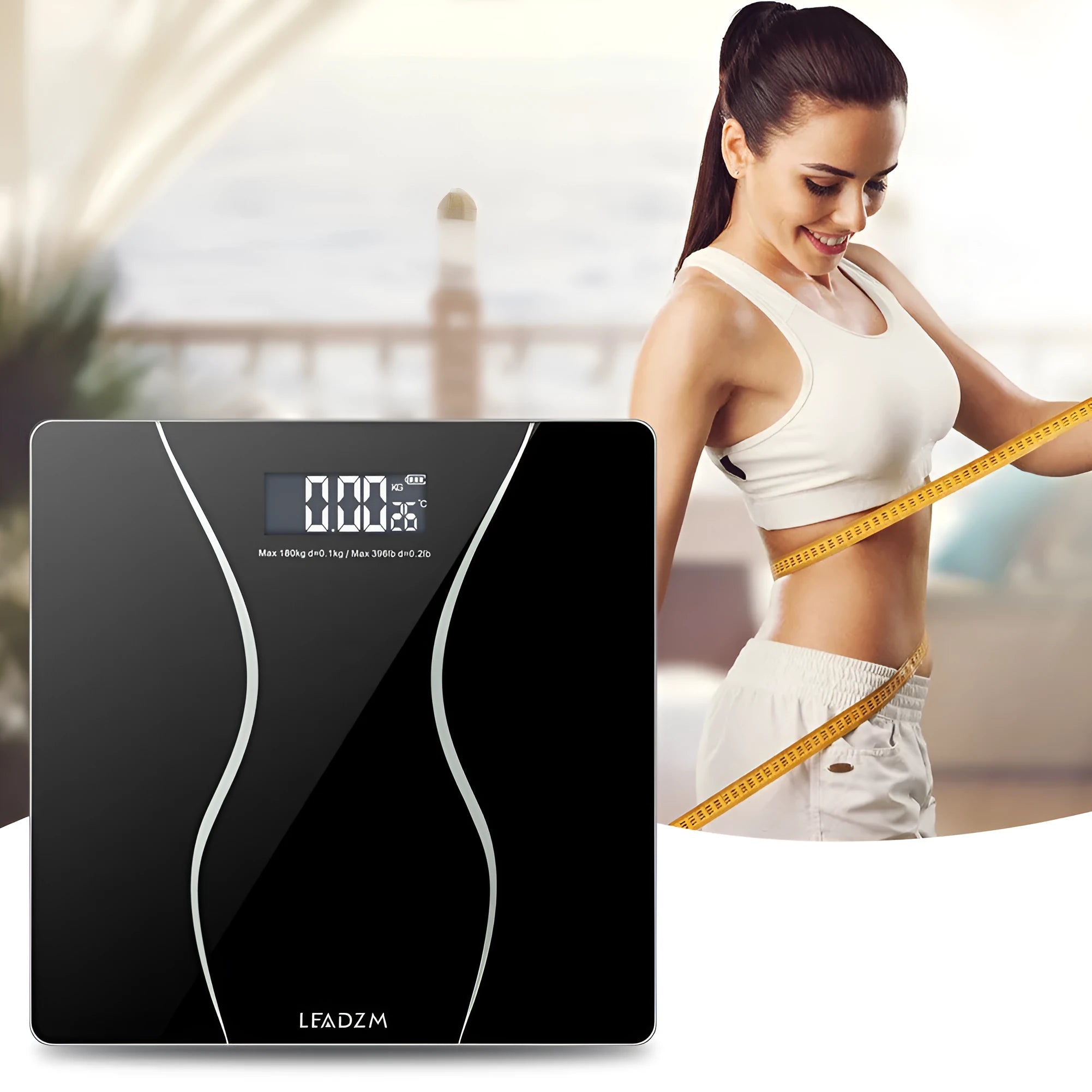 Black electronic household scale with digital display showing weight measurement up to 180kg capacity