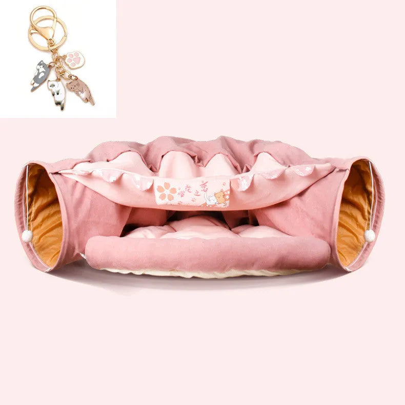 Collapsible cloth cat tunnel shown in one of four colour options: bar, coffee, matcha, or pink.