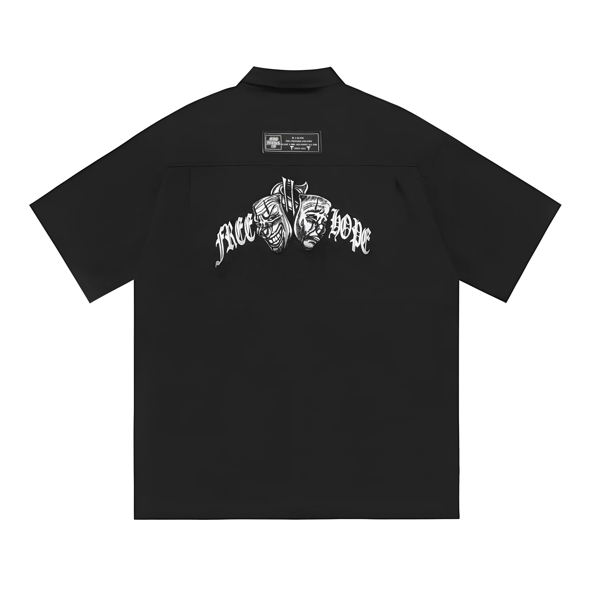 Men's loose fit black embroidered half-sleeve work shirt on a hanger.