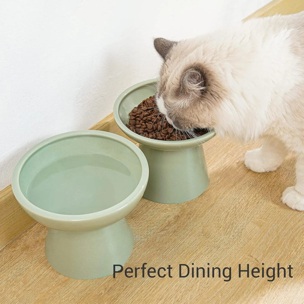 Ceramic elevated cat food bowl in blue with wide 16cm diameter and 12cm height