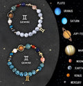 Two natural stone beaded bracelets with zodiac sign designs and adjustable string closures