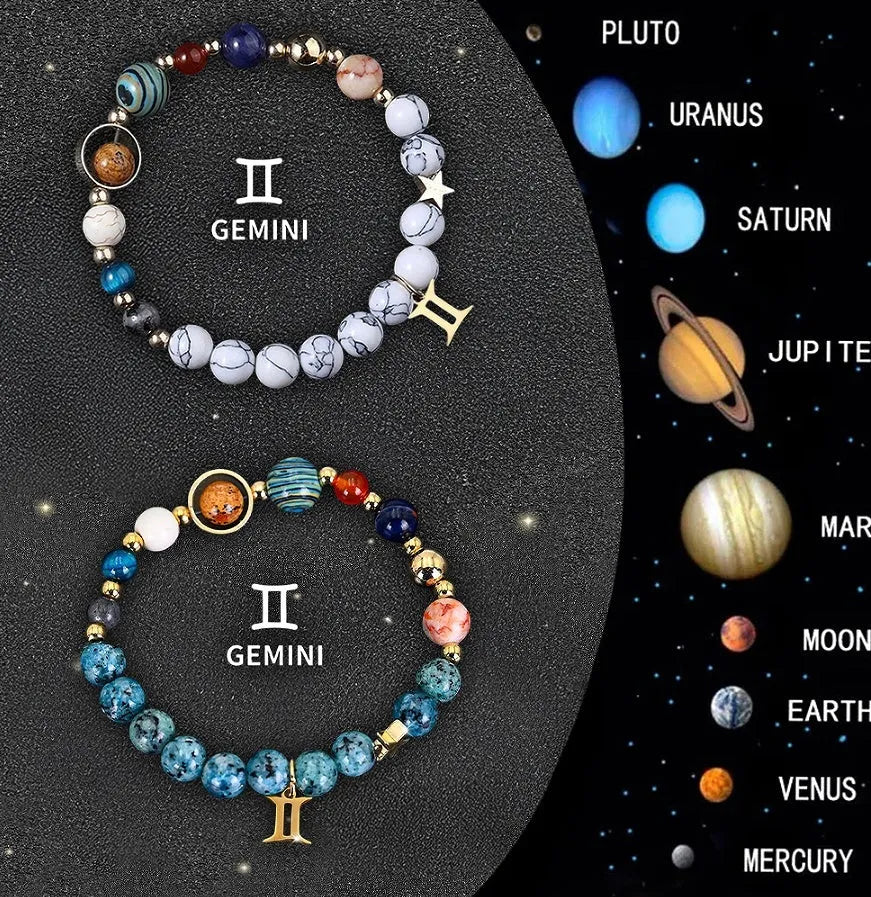 Two natural stone beaded bracelets with zodiac sign designs and adjustable string closures