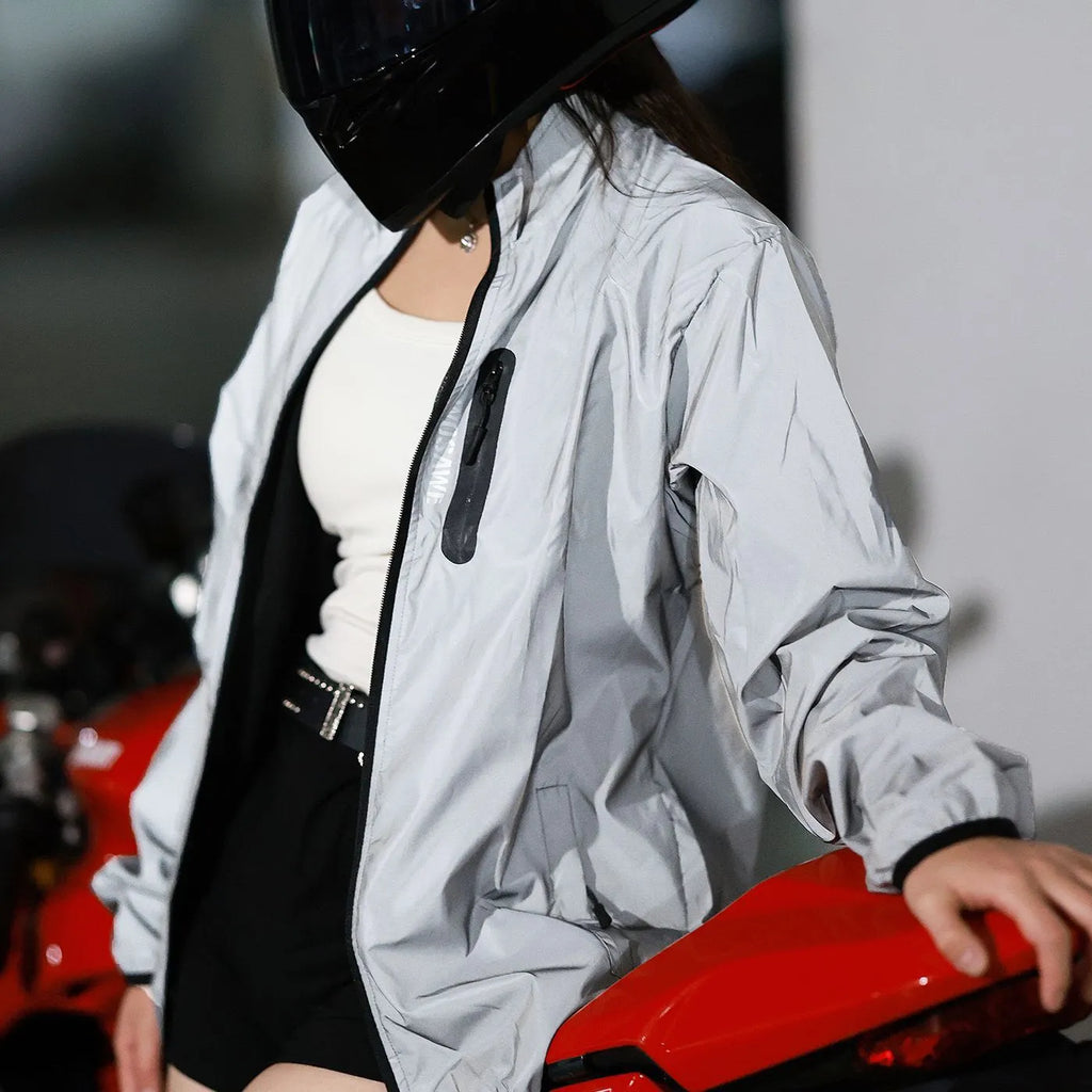 Silver waterproof polyester windproof long sleeved jacket showing front view