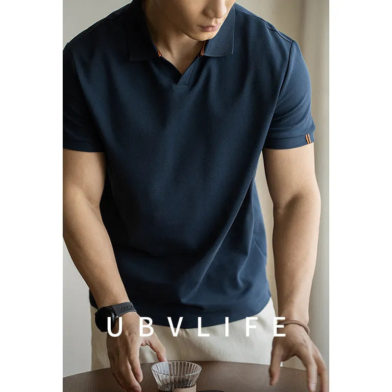 Men's blue cotton polyester blend short sleeve polo shirt American-style regular fit