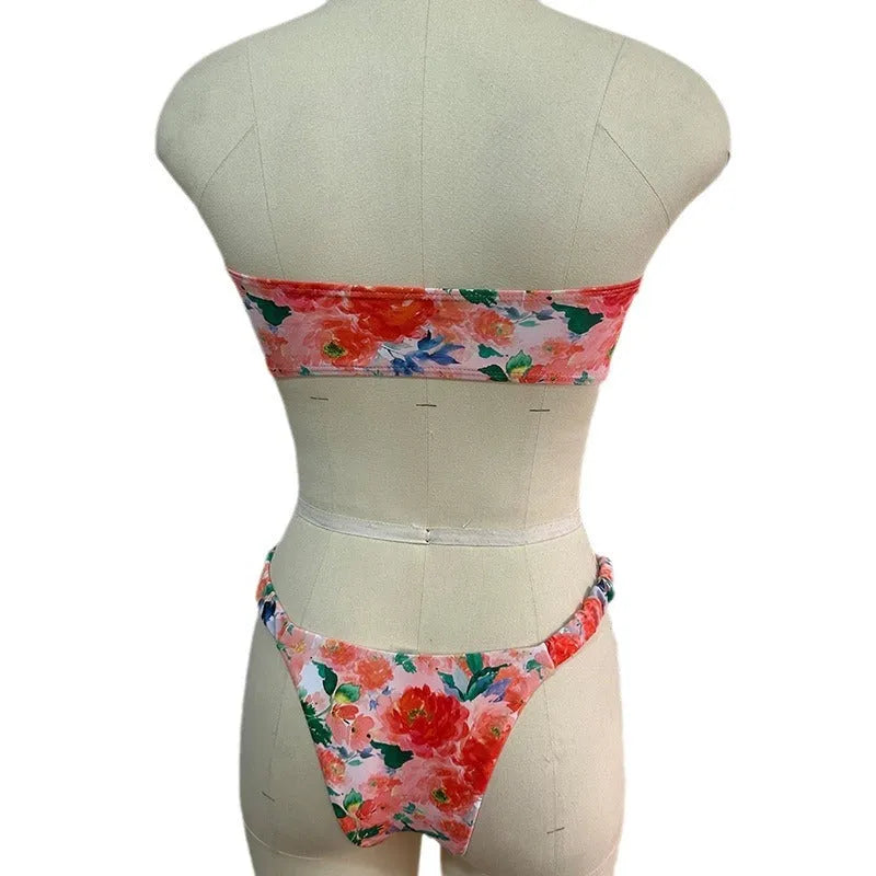 Women's floral print lace detail tube top bikini with matching shorts in blue, yellow, pink, or multi-colour.