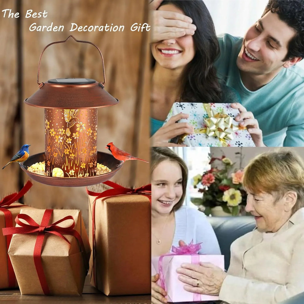 Iron art solar-powered bird feeder lamp with hummingbird design for outdoor gardens.