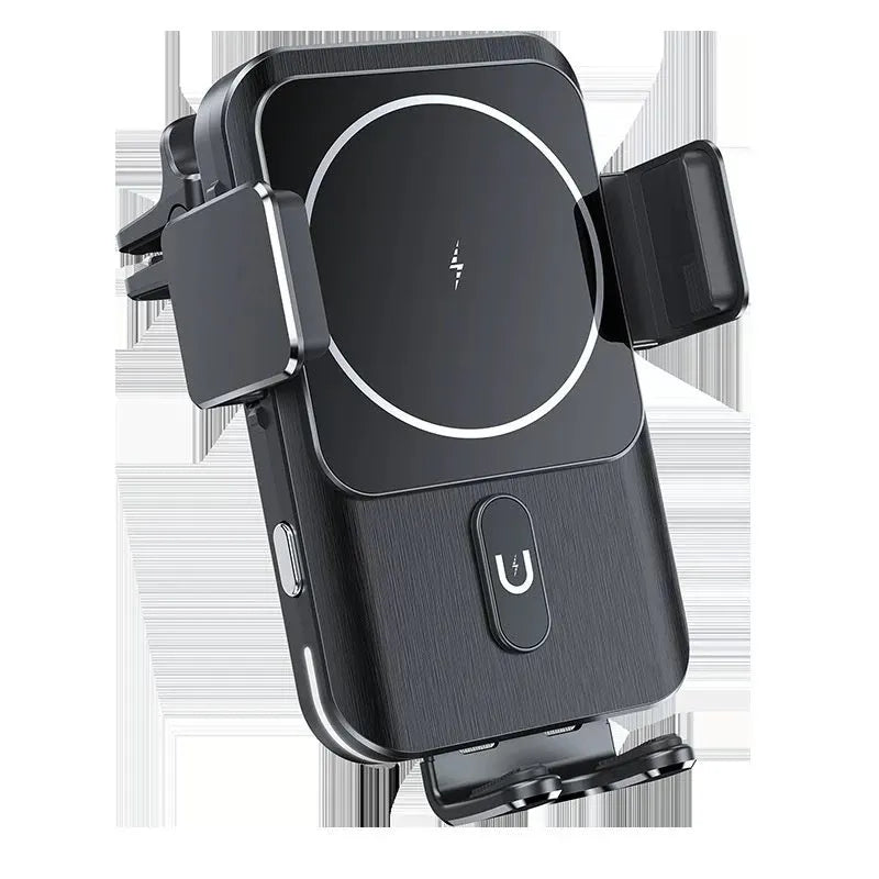 Black car wireless phone charger and holder with 15W fast charging, showing clip and suction cup mounting options.