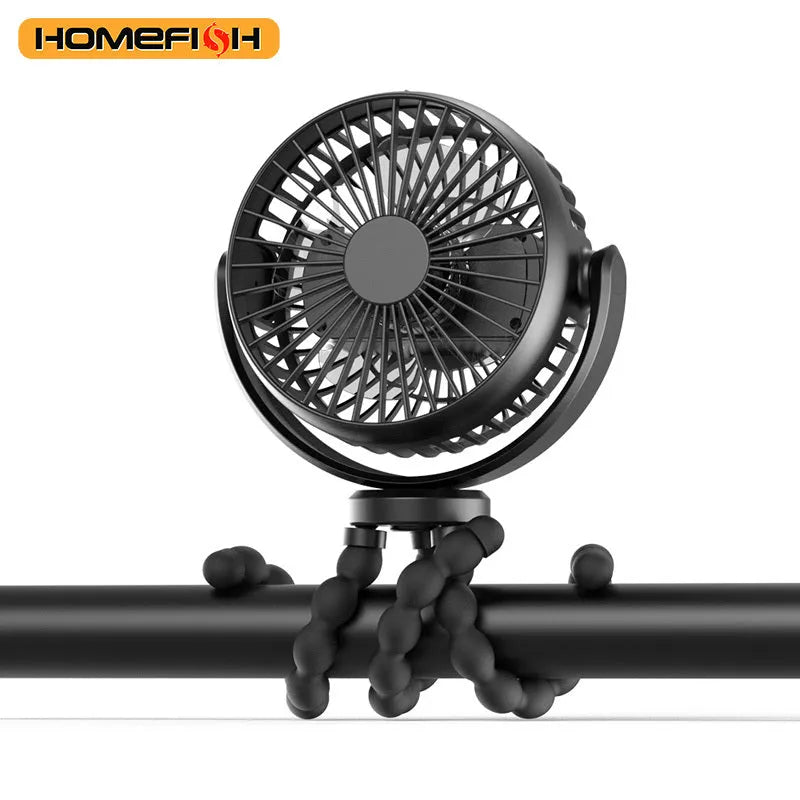 HOMEFISH F2 automatic shake head fan with LED light attached to a baby stroller