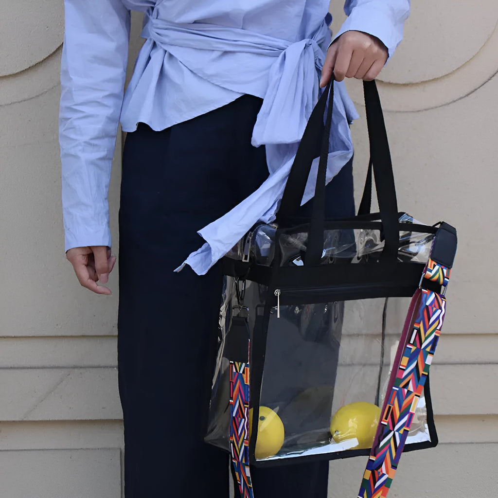 Transparent PVC women's messenger bag with crossbody straps showing seven colour options including navy blue, black, red and white