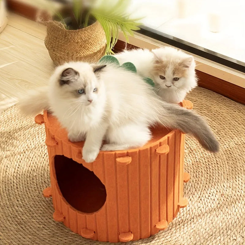 A semi-enclosed felt cat bed with an integrated tunnel, shown in two size options.