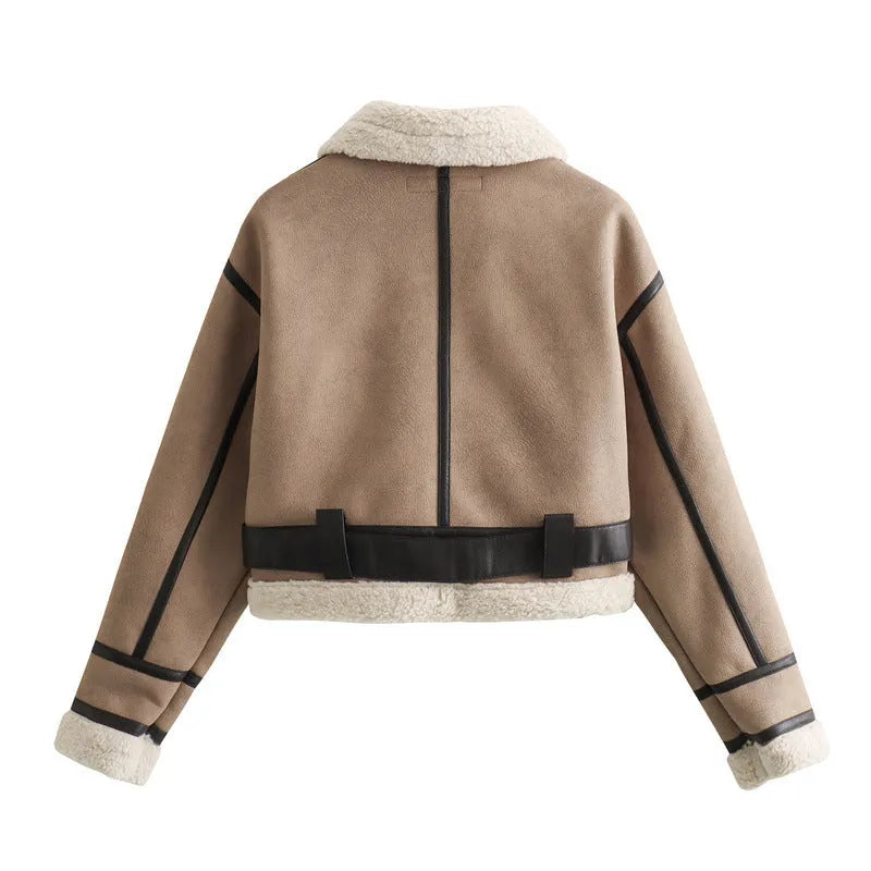 Women's loose long sleeve lamb wool splicing coat in khaki, PU fabric with zipper front