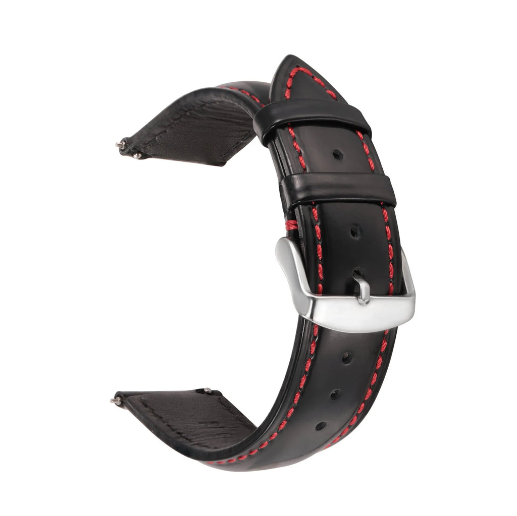 Quick release watch strap in bright cowhide leather showing colour options and width measurements
