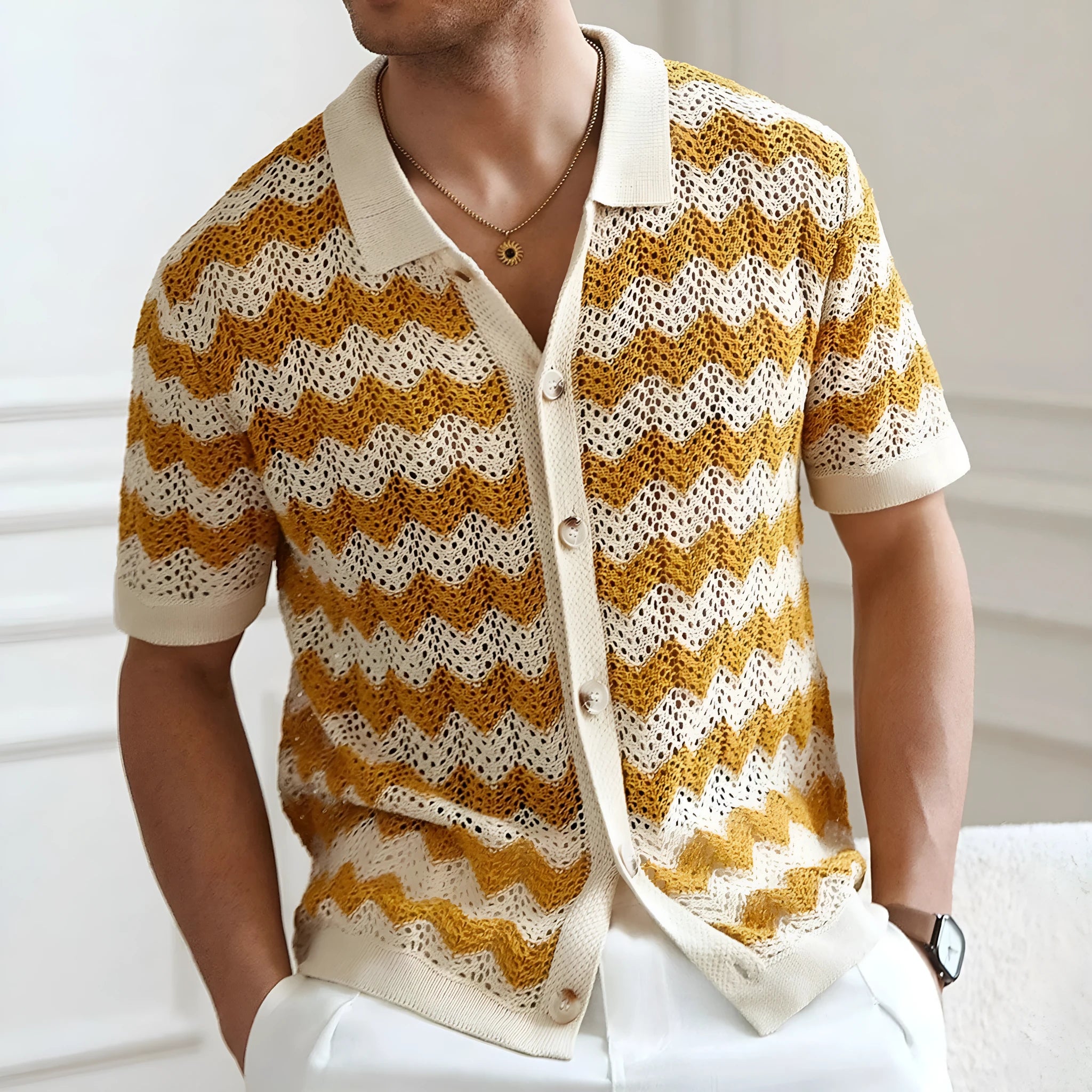 Hollow jacquard corrugated short sleeve sweater in Tencel viscose fabric showing textured knit pattern