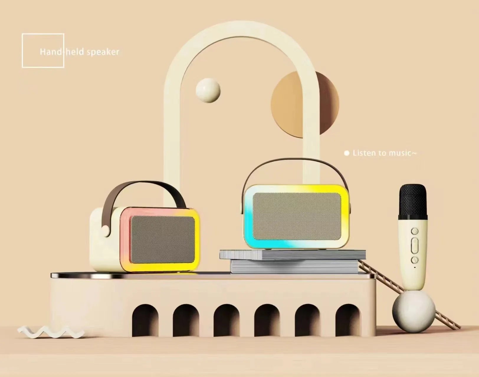 Portable white Bluetooth speaker with microphone and coloured LED lights for karaoke and outdoor use.