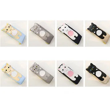 Canvas pencil case with cat cartoon design, large zipper opening, square shape, available in blue beige gray black