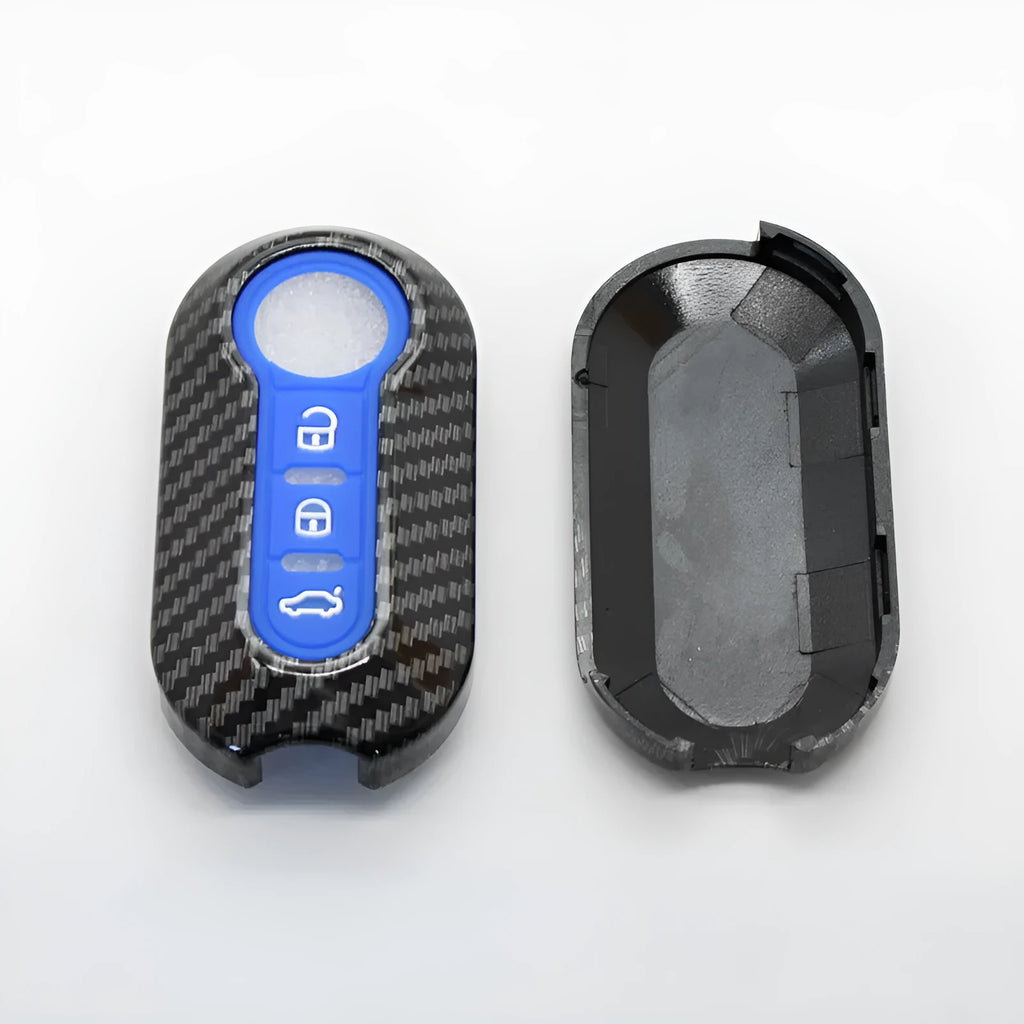 Fiat 500 Boyue Ottimo Viaggio car remote key shell in ABS plastic, shown in black, red, and dark blue colours.