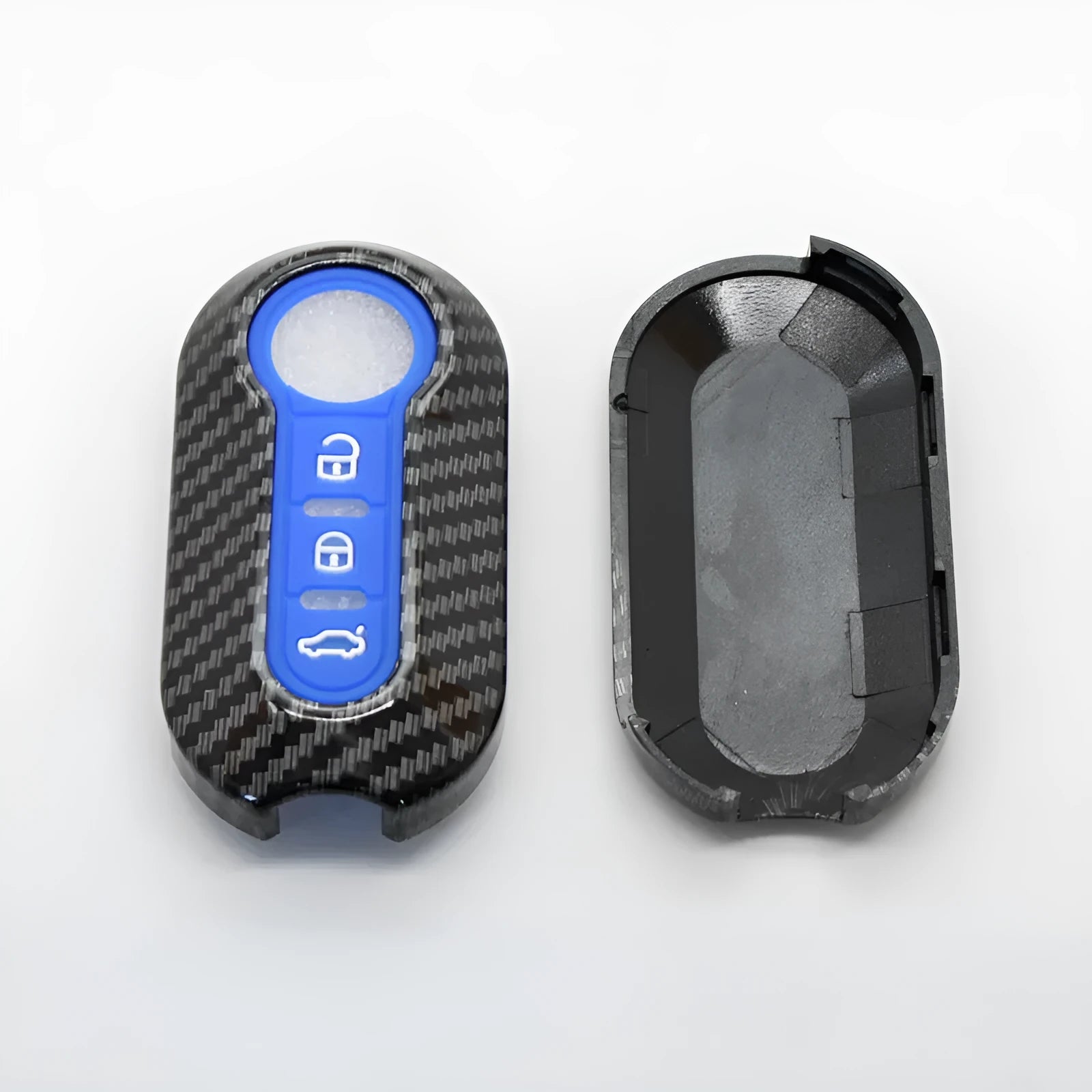 Fiat 500 Boyue Ottimo Viaggio car remote key shell in ABS plastic, shown in black, red, and dark blue colours.