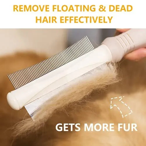 White double-sided pet brush with a curved comb on one end and a deshedding brush on the other, with a comfort-grip handle.