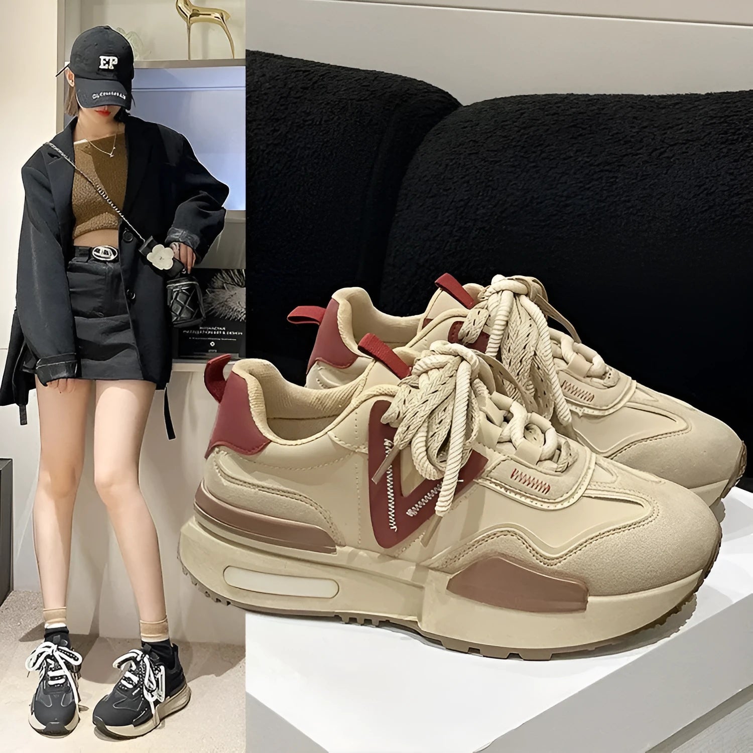 Women's black retro platform sports shoes with round toe and white rubber sole on a plain background.