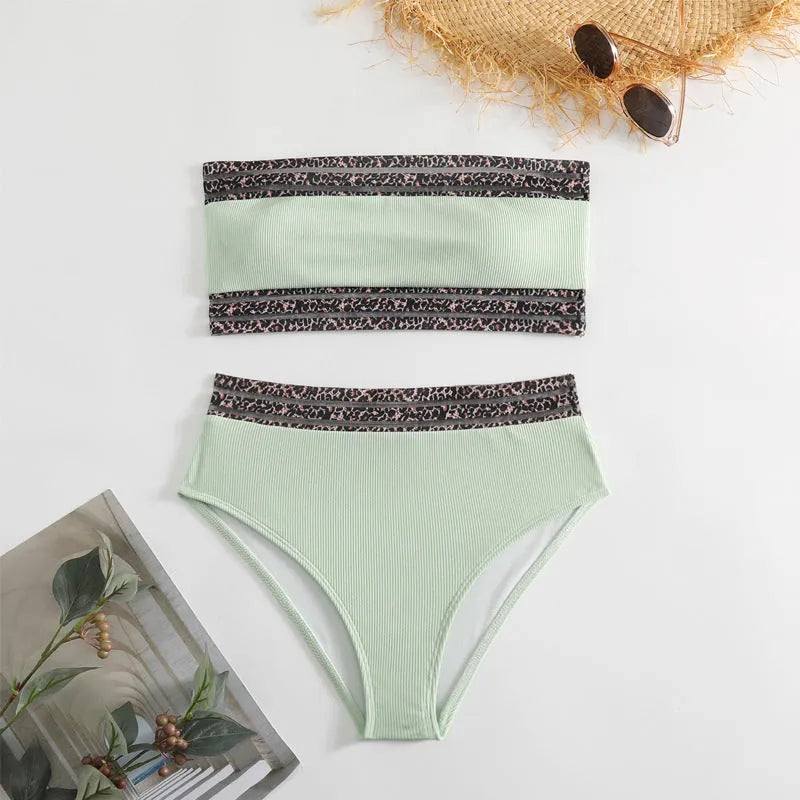 Black leopard print strapless swimsuit top and briefs set
