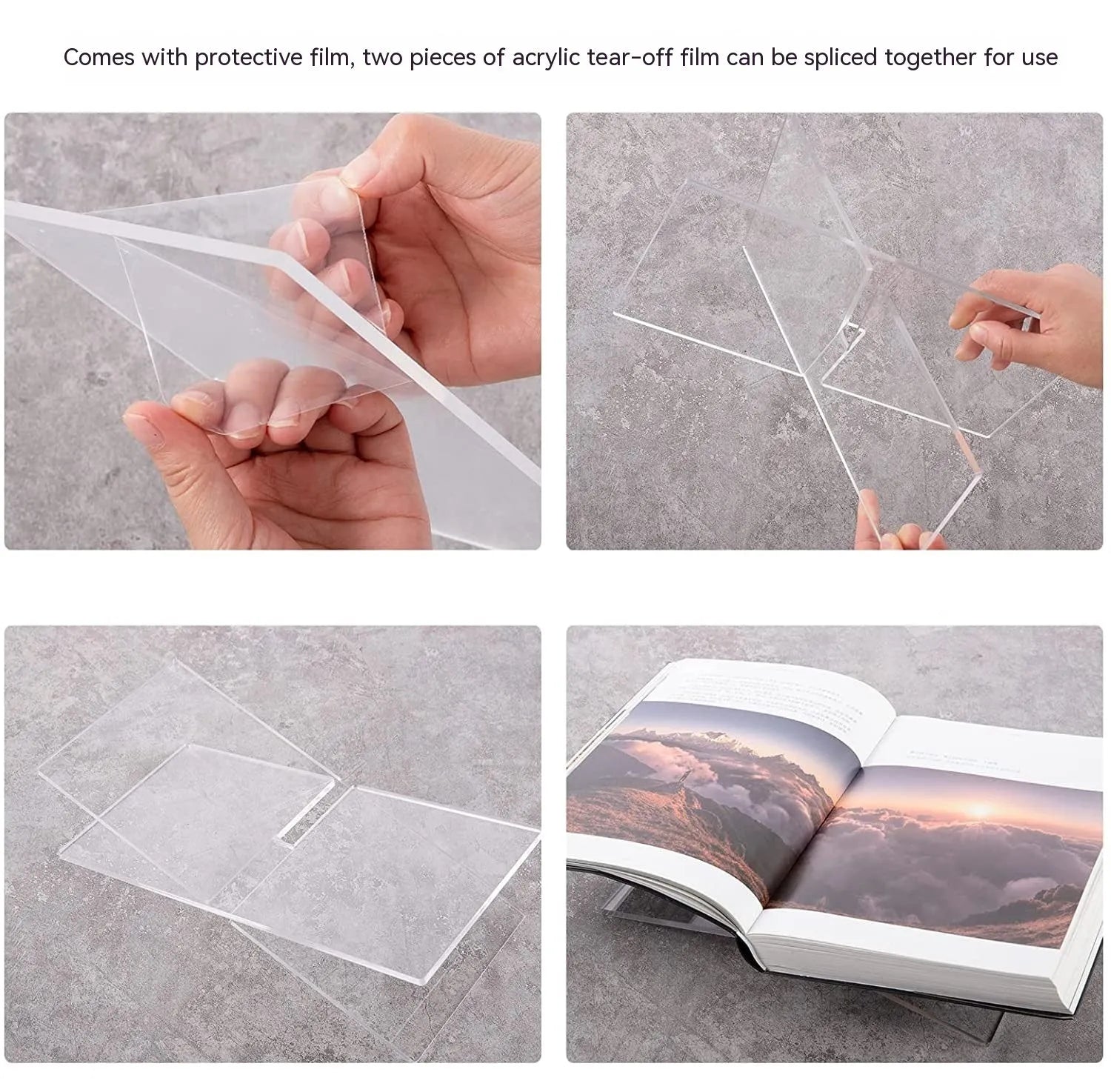 Clear acrylic X-shaped desktop book display rack holding books and magazines