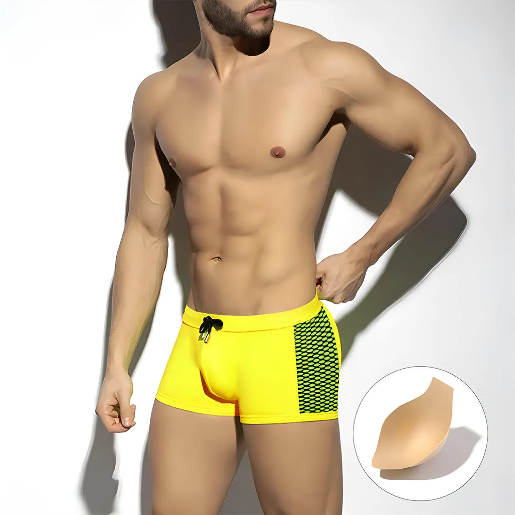Men's polka dot print swimming boxers in three colour options with quick-drying nylon fabric