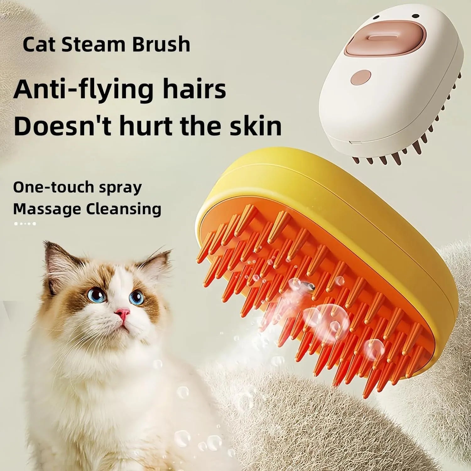White silicone steam brush for pet grooming with rubber teeth and water tank.