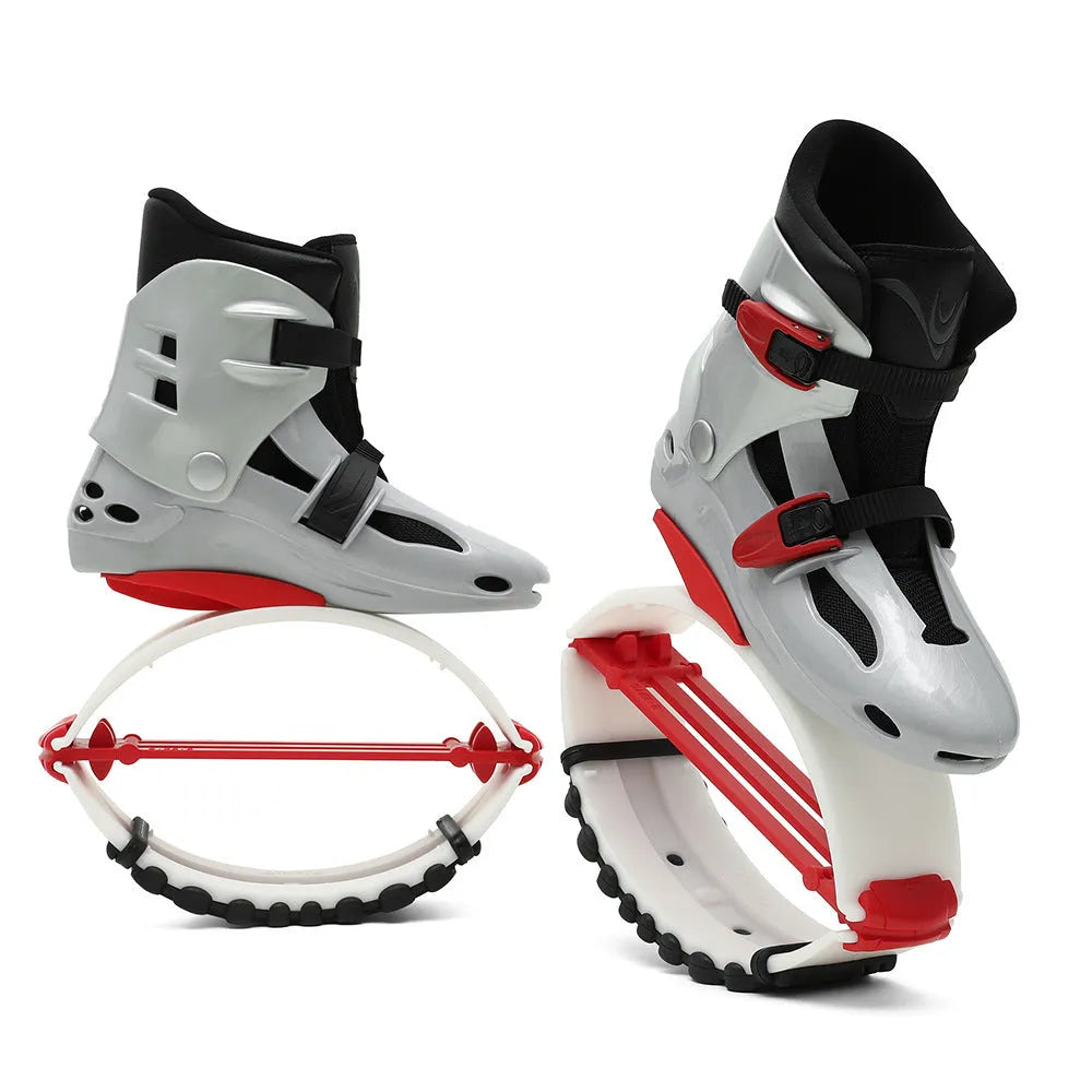 TPU bouncing shoes for sports in colours like black silver, green black, and rose pink.