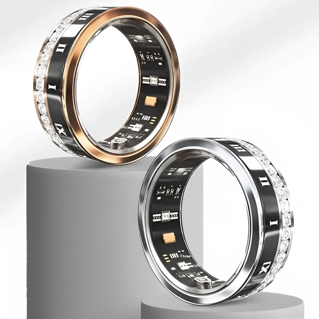 Silver and gold smart ring with diamond inlay and blood oxygen monitoring sensors.