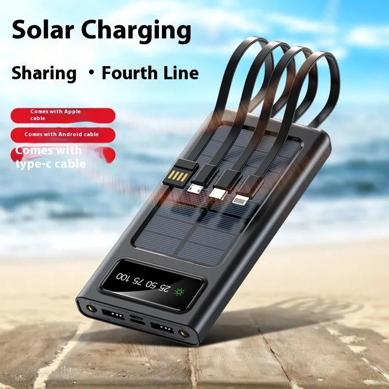 Black and white solar power bank with 20000mAh capacity and four-wire cable for mobile phones