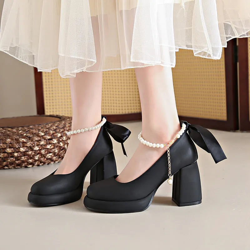 Women's beige Mary Jane shoes with chunky heel and pearl ankle-strap buckle on round toe design