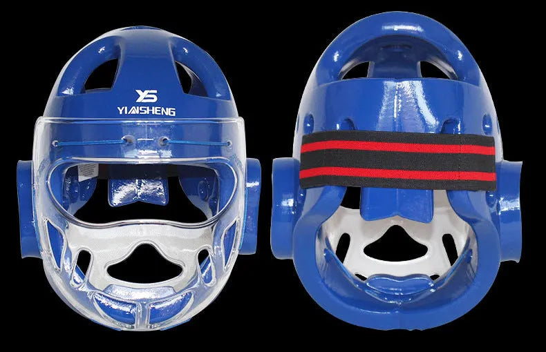 A karate helmet for boxing head protection, shown in white, blue, and red colour options.