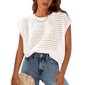 White loose-fit women's crochet-knit pullover sweater with round neck and long sleeves.