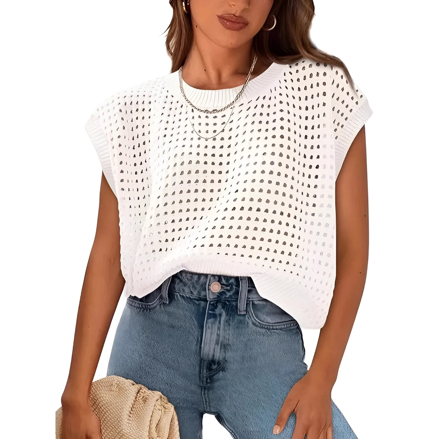 White loose-fit women's crochet-knit pullover sweater with round neck and long sleeves.