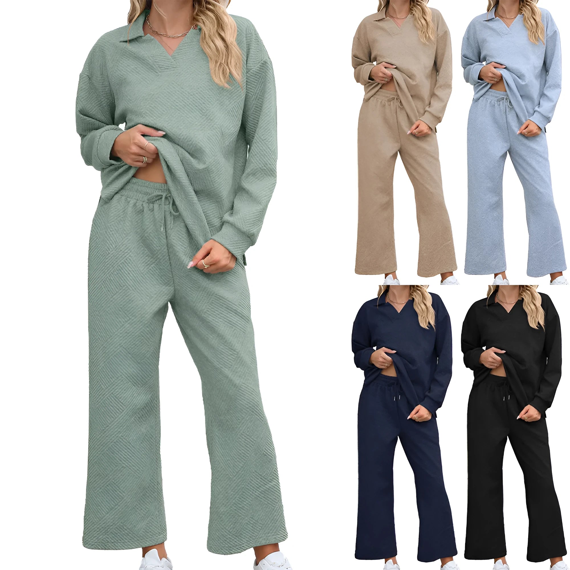 Women's knit suit set with geometric jacquard pattern sweater and elastic waist cropped pants