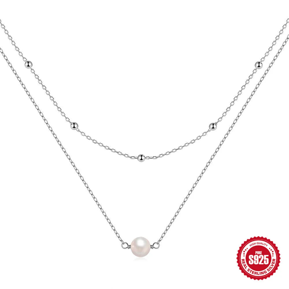 S925 sterling silver double layer women's necklace with twin pearls and geometric pendant on ball bead chain.
