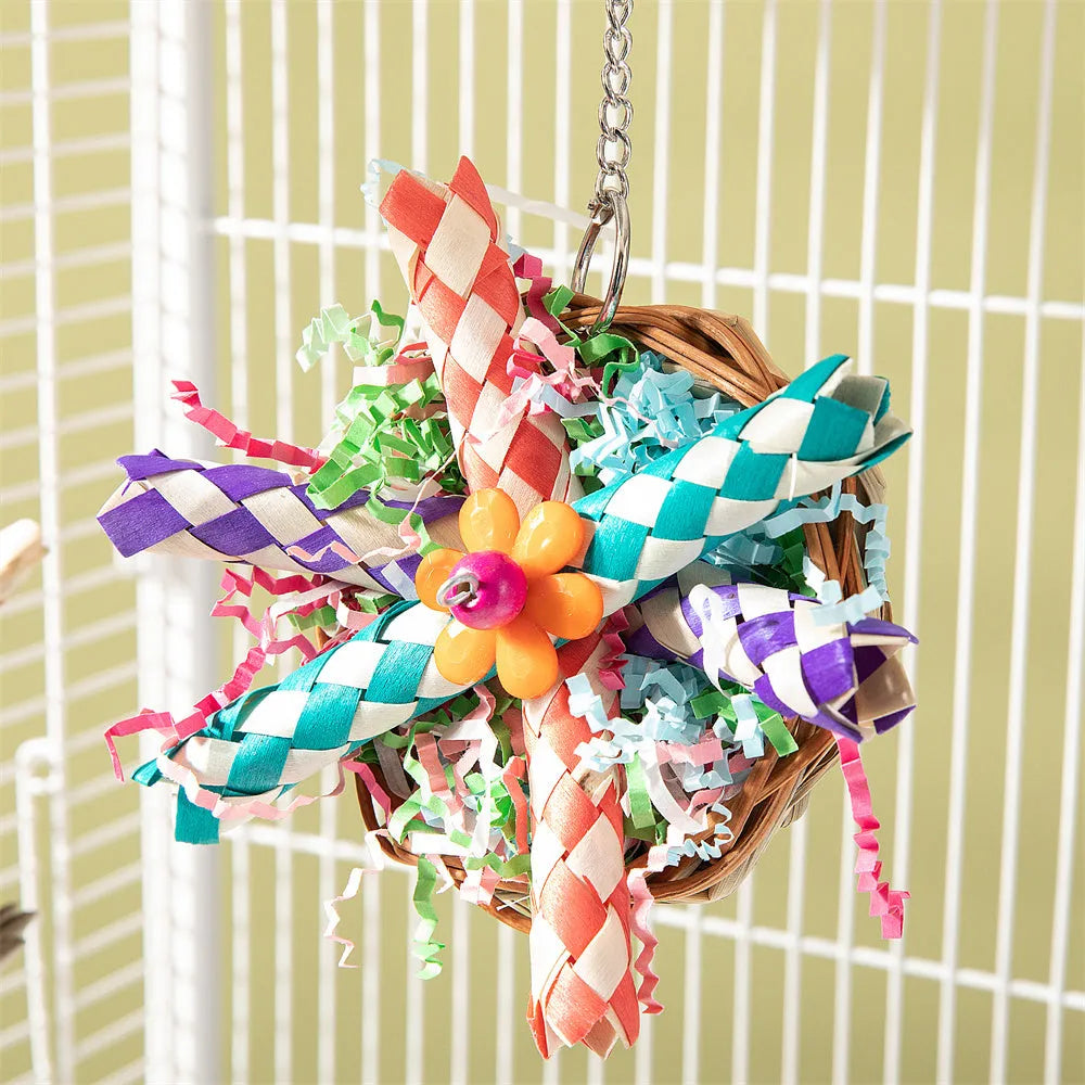 Parrot gnawing molar toy with three types of wooden blocks for chewing enrichment and beak maintenance