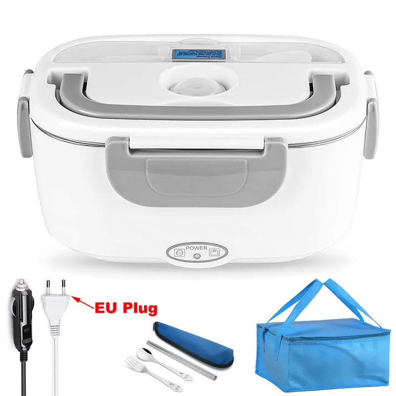 Grey plastic dual-power electric lunch box with stainless steel inner liner for car and home use.