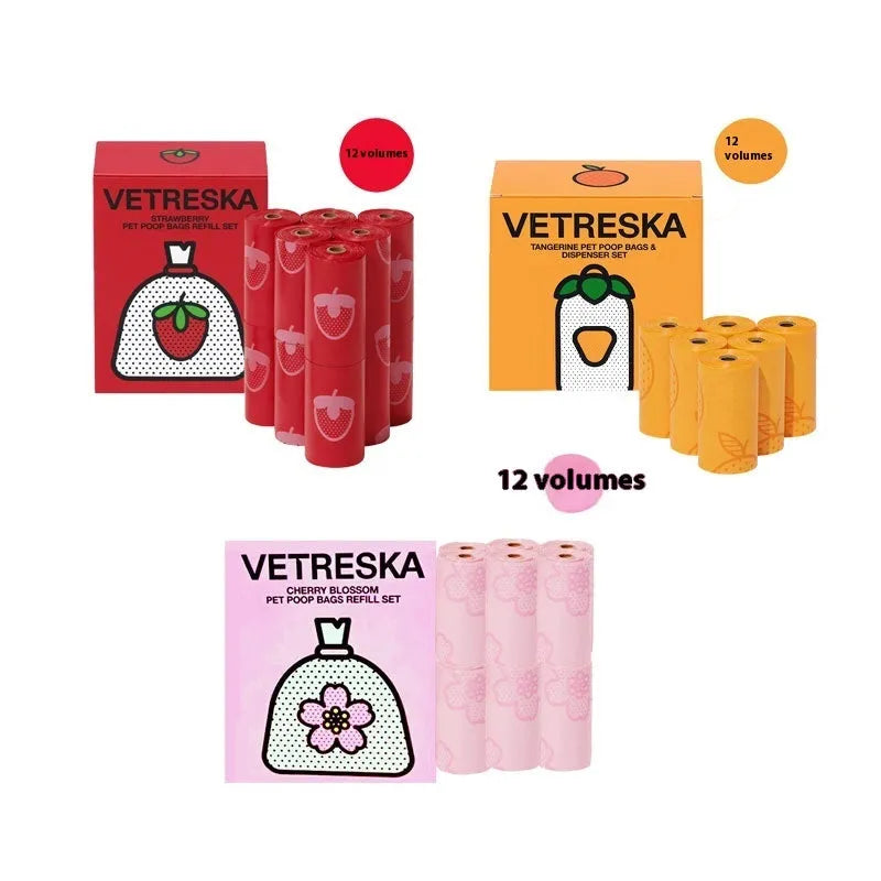 Portable dog poo bag dispenser capsule with scented inner roll in strawberry, orange or cherry blossom options
