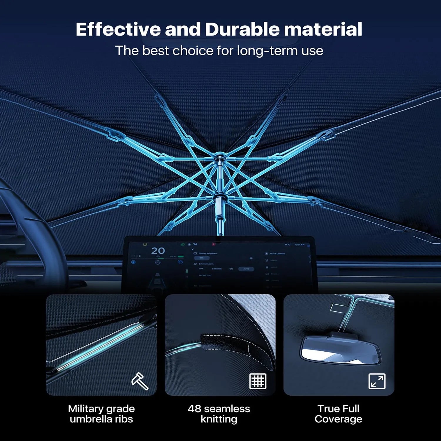 Silver reflective windshield sun shade umbrella with spring edge for car interior sun protection