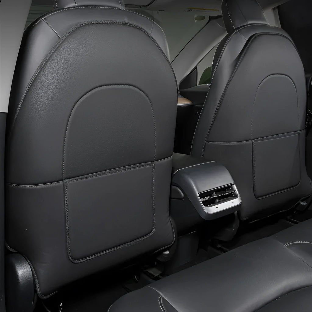 Black leather rear anti kick pad for car seats, measuring 68cm by 42cm.