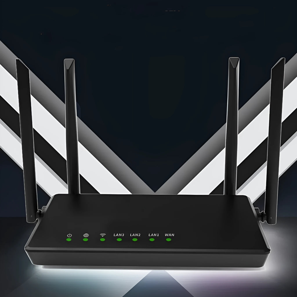Portable 300-metre home wifi router in black or white with bare metal casing and multiple ports.