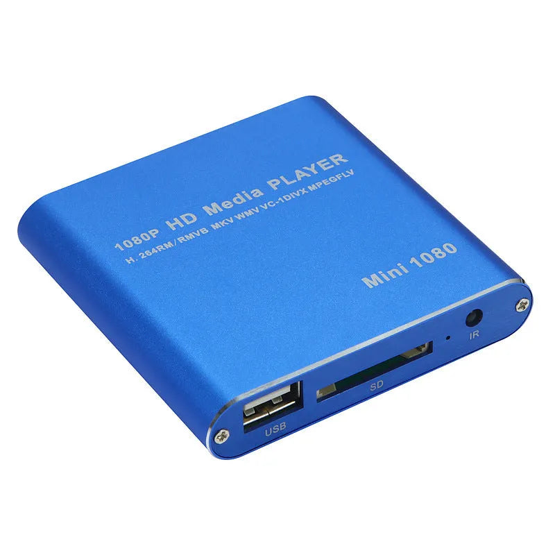 Compact black 1080p Full HD media player with HDMI port and remote control