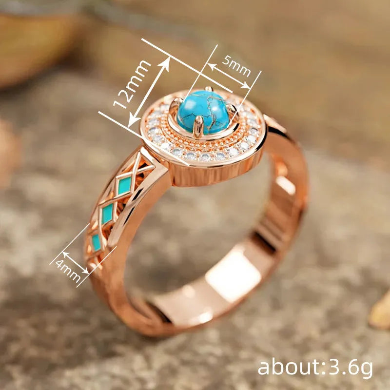 Women's turquoise ethnic style ring with oil micro inlaid zircon on rose gold copper geometry band